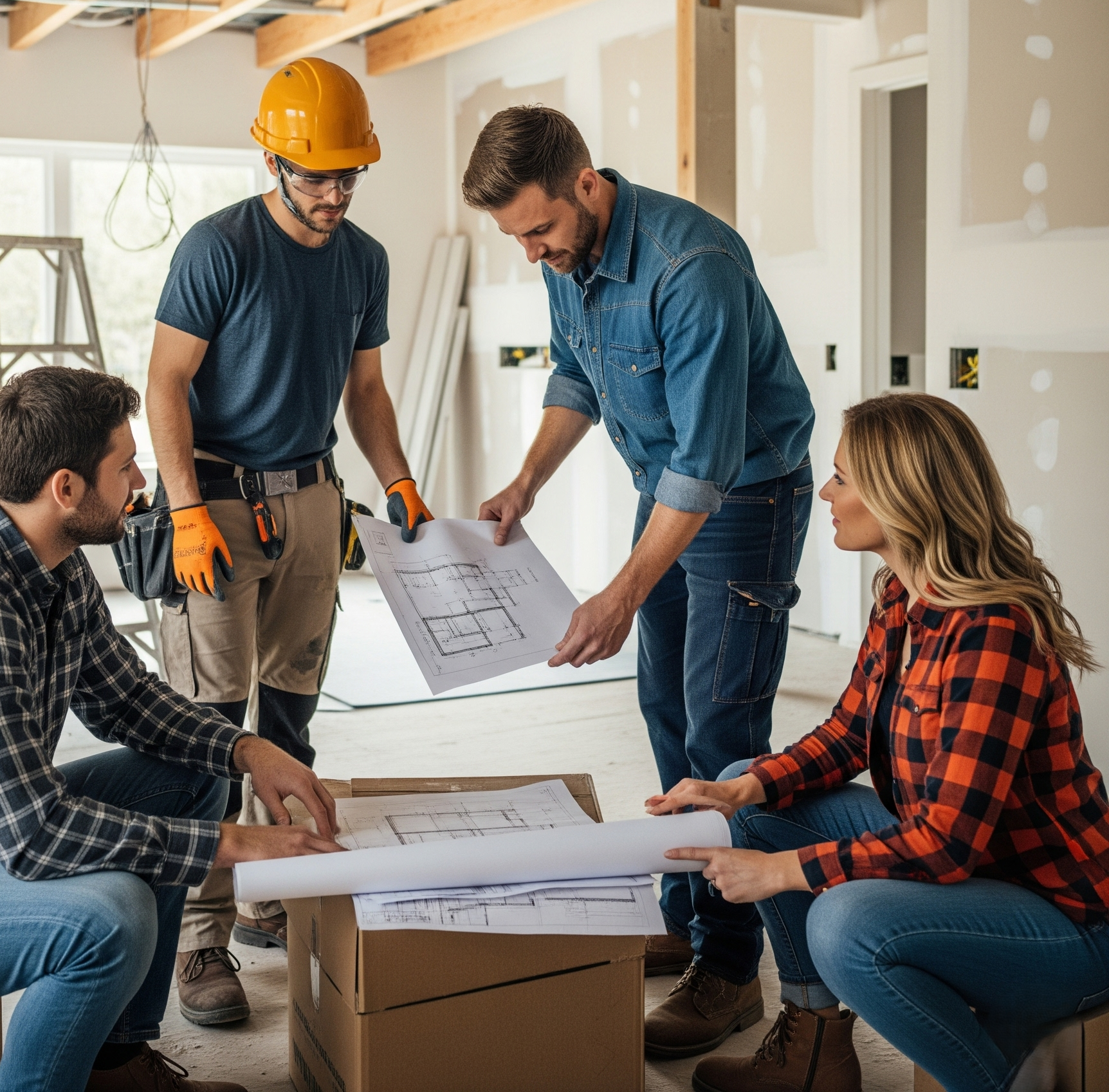 Te acompañamos. Cuatro trabajadores revisan planos en un ambiente de construcción.