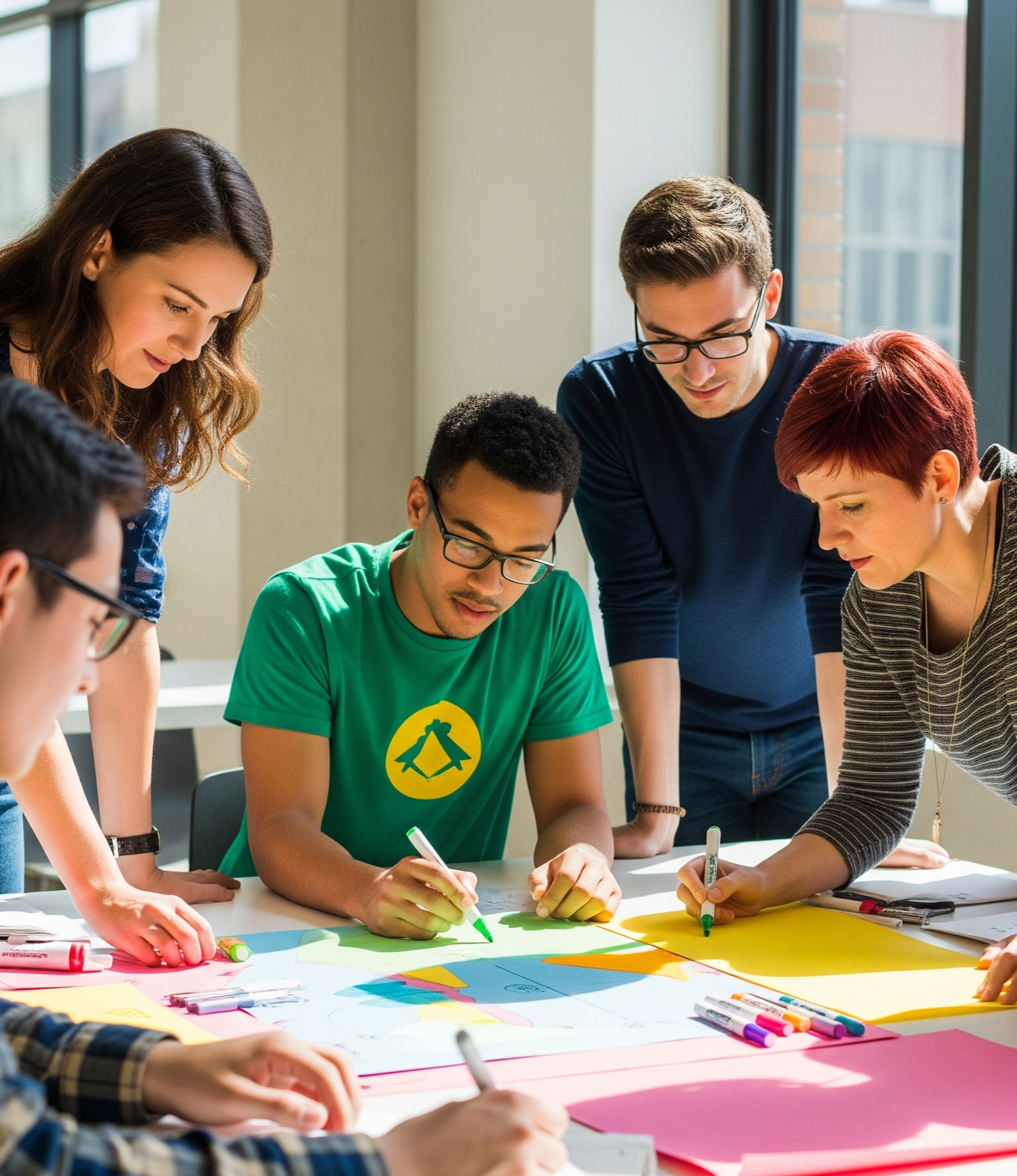Diseñamos tu idea. Grupo de personas colaborando en un proyecto con papel y marcadores.